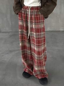 FRIFUL Women's Plaid Brushed Drawstring Waist Straight Leg Casual Pants, Versatile - Red - View 2