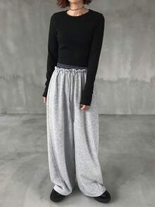 FRIFUL Women's Contrast Color Waist Patchwork Plaid Fabric Elastic Waist Drawstring Straight Leg Casual Loose Versatile Pants, Autumn/Winter - Grey - View 2