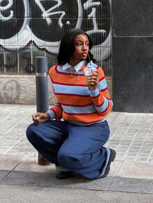 SHEIN Unity Casual Vintage Colorblock Striped Hooded Sweater, Autumn/Winter, New Year , Christmas Looks - Multicolor - View 7