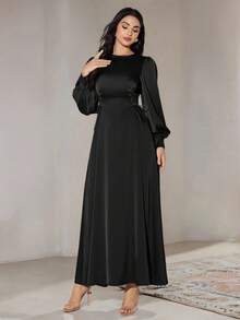 Veilorie Women's Solid Color Puff Sleeve Waist Tie Pleated Design Elegant Dress Black Dress - Black - View 4