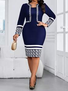 SHEIN Lady 大码女式几何印花二合一长袖修身办公/通勤连衣裙 - 藏蓝色 - 查看 5