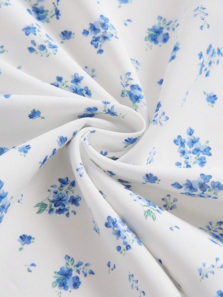 SHEIN MOD 碎花前繫帶泡泡袖連衣裙 - 藍色 - 查看 4