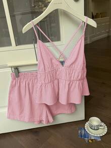 Comfortcana Bộ đồ thường ngày áo hai dây dệt màu đỏ và quần short cho nữ - Đỏ và trắng - Xem 4