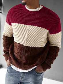 EURMUSE Men's Casual Contrast Color Round Neck Long Sleeve Sweater, Versatile For Autumn - MultiWarna - View 3