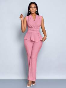 SOLERSUN Bộ đồ hai mảnh không tay dài tay cổ chữ V thanh lịch màu mơ cho nữ, quần ống rộng, viền bất đối xứng, thường ngày, mùa xuân và mùa hè, không tay, tay ngắn - Hồng - Xem 7