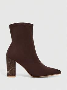 CUCCOO SZL Women's Fashionable Versatile Commuter Rhinestone Decor Chunky High Heel Ankle Boots For Christmas - Coffee Brown - View 2