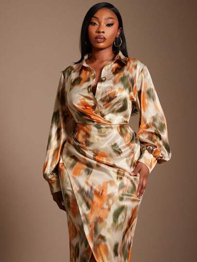SHEIN SXY Plus Size Women Minimalist Fashion Casual Daily Wear Tie-Dye Print High Slit Shirt Dress
