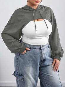 SHEIN CURVE+ 大码黑色针织超短款连帽毛衣，适合秋冬穿/秋冬 - 灰色 - 查看 6