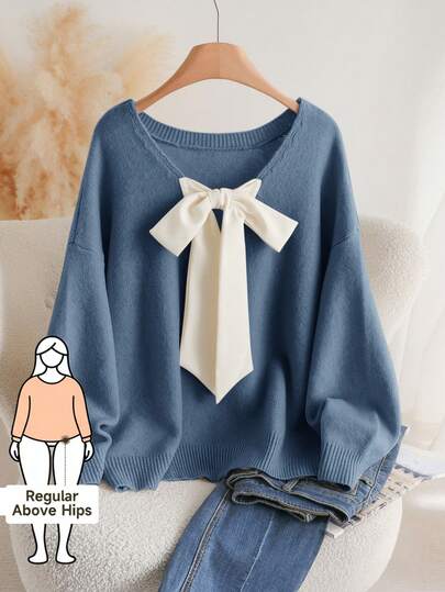CosyJoli 大码休闲V领蝴蝶结系带宽松套头毛衣
