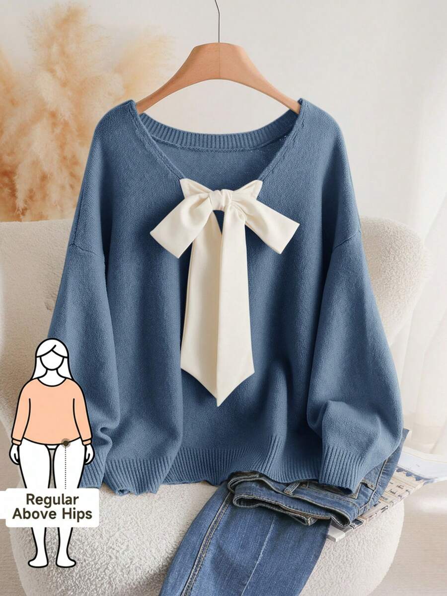 CosyJoli 大码休闲V领蝴蝶结系带宽松套头毛衣 - 霧霾藍 - 查看 1