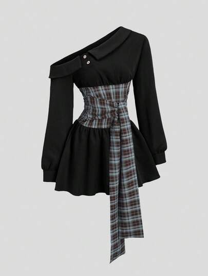 Sweetra French Casual Retro Brown Plaid Patchwork Sexy Asymmetric Neck Lapel Waist Fitted A-Line Puff Sleeve Spring New Women Short Dress