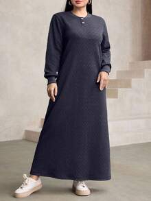 Modelyn Women's Casual Loose Textured Fabric Round Neck Long Dress, Navy Blue, Autumn/Winter - Dark Grey - View 8