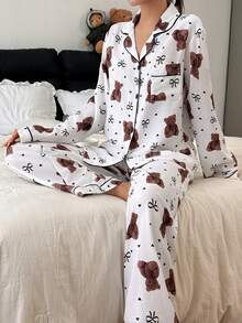 SHEIN 泡泡皱褶熊蝴蝶结印花长袖睡衣套装，女士泰迪熊睡衣套装，女士睡衣，熊印花睡衣，熊睡衣 - 白色 - 查看 6