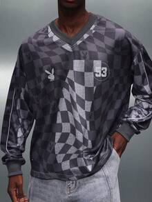 PLAYBOY X SUMWON Checkerboard Long Sleeve V-Neck Tee Bunny Logo Number 53 Jersey Tee Checkered Pattern Casual Top - Grey - View 4