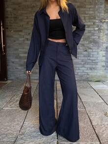 DAZY 女士牛仔衬衫配喇叭裤，优雅都市休闲牛仔套装 - 深色水洗藍 - 查看 3