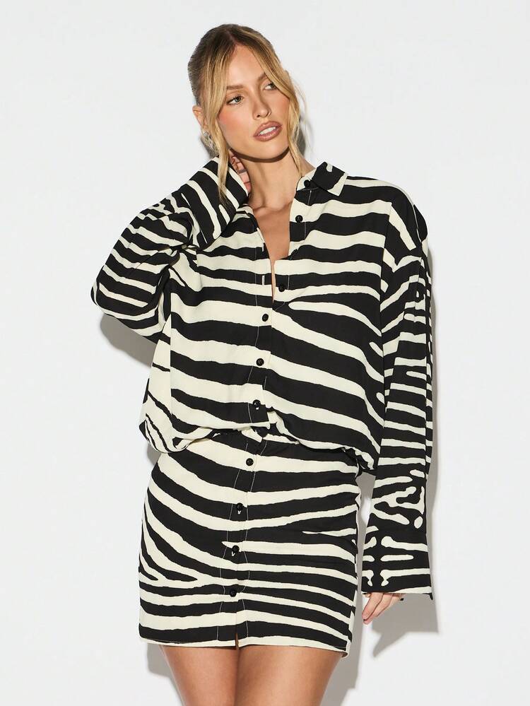 KIZN Zebra Print Long Sleeve Button Front Mini Shirt Dress With Collared Neckline Fall Winter Casual