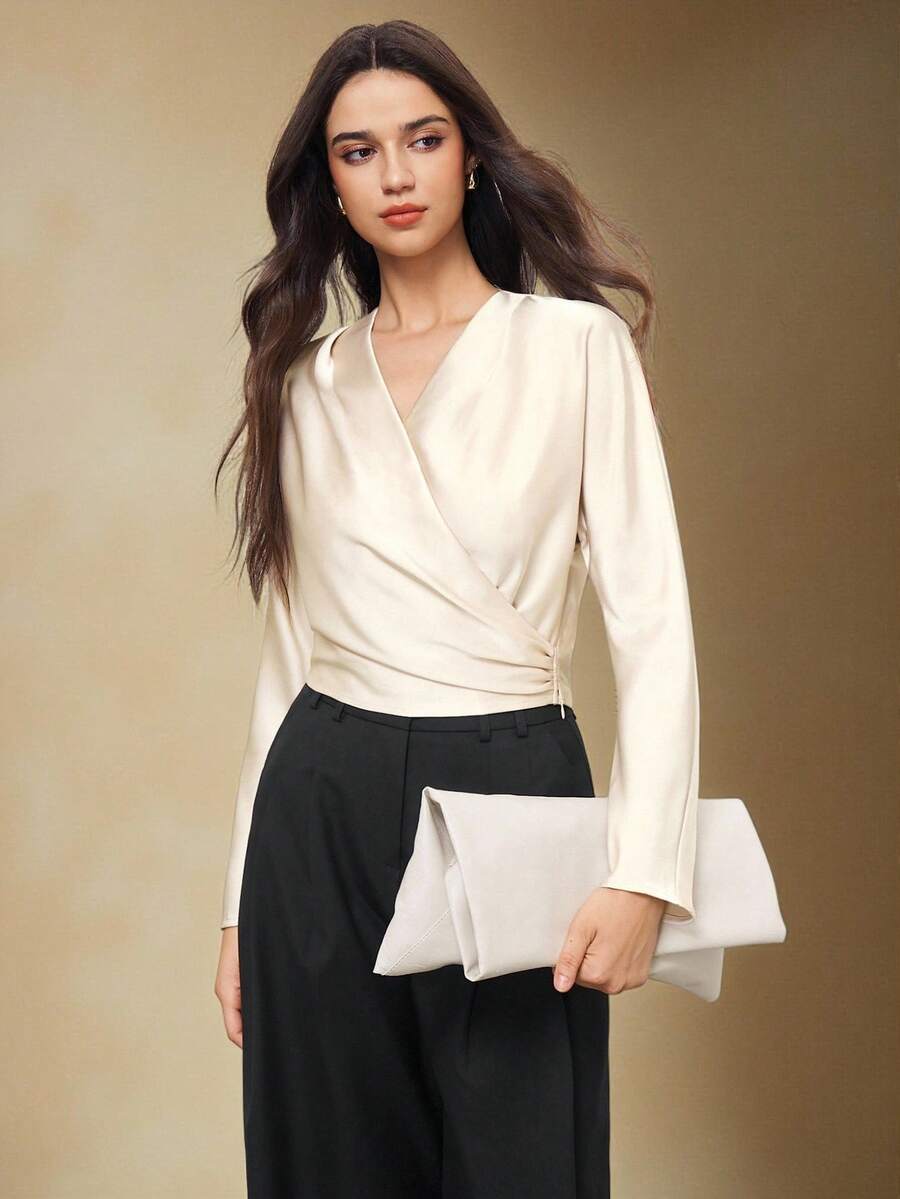 BizChic 2025秋冬新款香槟色褶皱女式衬衫，现代优雅都市通勤日常浪漫休闲90年代圣诞节新年、感恩节派对、海滩毕业典礼等场合时尚百搭，适合婚礼宾客、主人、约会、派对、音乐会、早午餐、机场等多种场合。 - 白色 - 查看 1