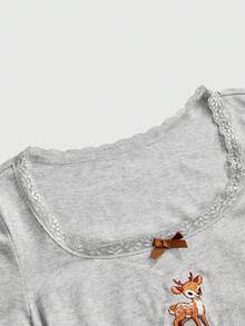 ROMWE J-Fashion 可爱小鹿刺绣蕾丝上衣搭配小鹿印花喇叭裤，秋冬装扮 - 淺灰色 - 查看 8