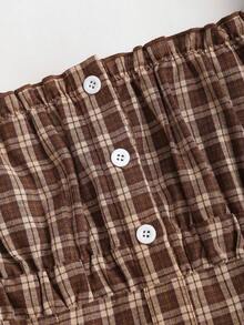 Sweetra Petite 女士休闲时尚露肩格子迷你连衣裙，学院风，棕色调，适合新年穿搭，娇小款