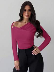 Firerie Áo thun nữ màu trắng dáng ôm, tay dài, vai bất đối xứng, eo nhún, đính kim loại, kiểu dáng thanh lịch mới, phù hợp cho mùa thu, mùa tựu trường, đi sân bay, đi chơi. - Màu đỏ tím - Xem 4