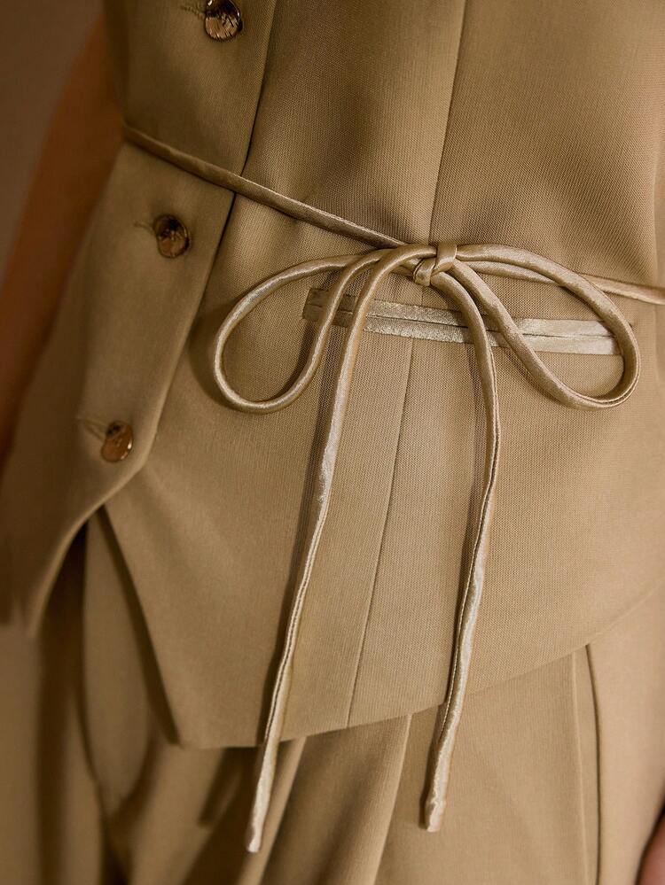 女性用エレガントサテンパッチワークリップポケットウエストボタン多機能カーキコミューターベスト