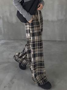 FRIFUL 女士格子抽绳腰直筒休闲裤，百搭 - 黑色 - 查看 2