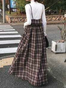 FRIFUL 女士休闲日常通勤学院风印花拉链前开襟纸袋腰吊带中长连衣裙，春夏秋季连衣裙