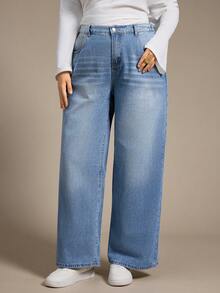 Auralis Quần Jeans Ống Rộng Màu Đen Dáng Rộng Cho Nữ Size Lớn - Rửa trung bình - Xem 1