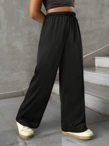 SHEIN Tween Girl Summer Simple Front Tie Loose Sweatpants, Casual Daily Wear Wide Leg Sweatpants Comfy Pants Black Baggy Pants Lounge Pants Loose Pants - Black - View 5