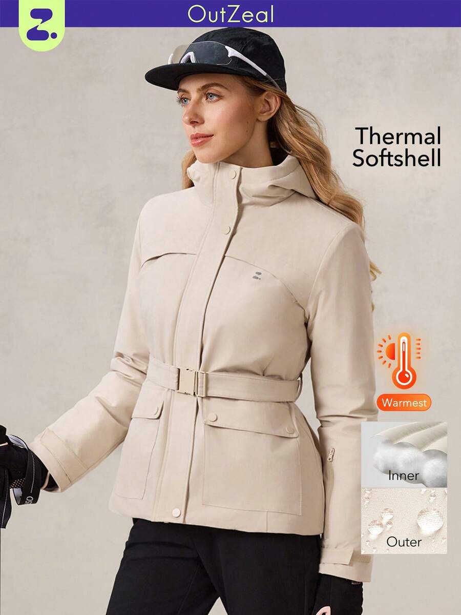 OutZeal Ski Jacket Women Shell Jacket Thermal Clothes Winter Skiing Camping Quilted Lined Water-Resistant Adjustable Belt With Zip Pockets - Apricot - View 1