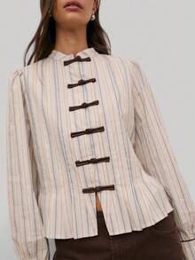 Nöista Elegant Striped Blouse-Style Jacket With Contrast Black Fastenings And A Tailored Fit. A Sophisticated Piece That Blends Modern Chic With Timeless Detail. - Baby Blue - View 7