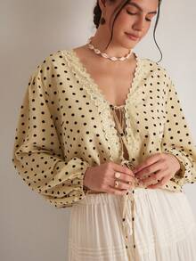 Freevana 大码女式优雅杏色波点印花长袖露脐系带蝴蝶结上衣，适合秋冬季和春季情人节旅行 - 杏色 - 查看 6