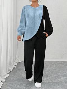 EMERY ROSE Conjunto de 2 piezas de ropa de estar en casa de talla grande, color negro, estilo casual elegante para otoño, con top de cuello redondo, manga larga, punto suave acanalado, diseño de bloques de color y patchwork asimétrico, y pantalones - Multicolor - Ver 3