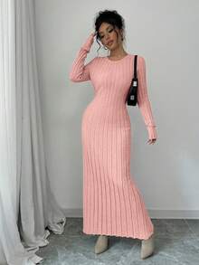 Rafferiza Women's Solid Color Round Neck Long Sleeve Fitted Ribbed Maxi Sweater Dress, Autumn/Winter - Dusty Pink - View 3