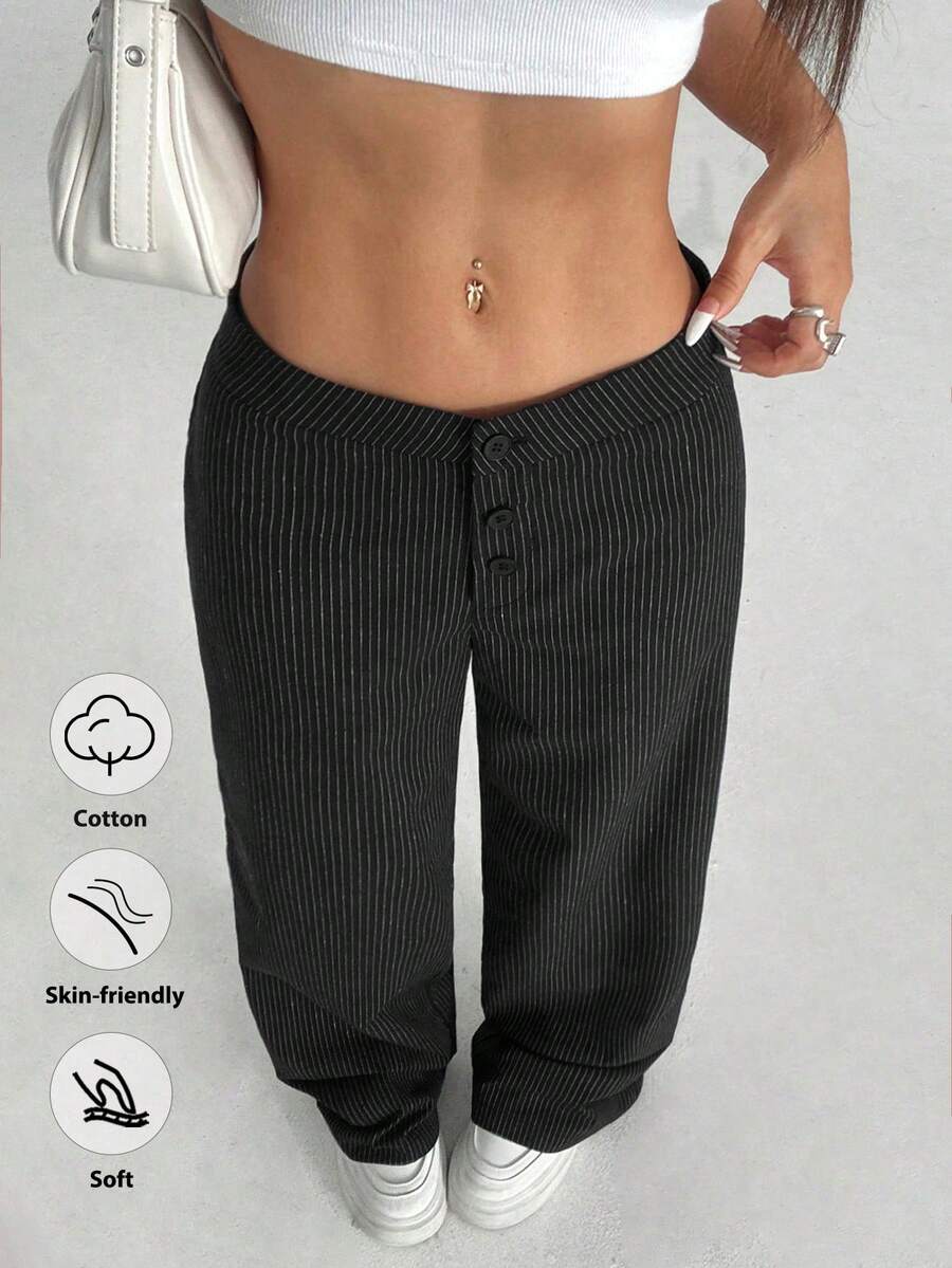 Flirla Petite 女式超低腰休闲有机棉直筒裤 - 黑色 - 查看 1