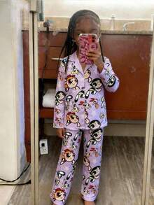 THE POWERPUFF GIRLS X SHEIN 2pcs Tween Girl Cute Cartoon Blossom, Bubbles, Buttercup Pattern Button Front Top And Straight Leg Loose Fit Pants Pajama Set Power Puffs Girls Pajamas Tween Girl Power Puff Pjs Powerpuff Girls Sleepwear Girls Pajamas Cartoon Pajamas - Purple - View 1