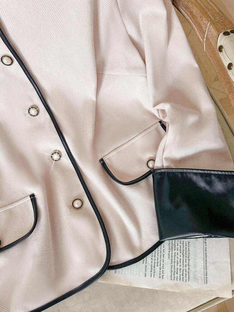 Modelyn 加大码拼色装饰圆领长袖前扣时尚百搭优雅夹克 - 卡其色 - 查看 4