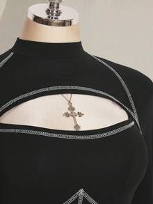 SHEIN ICON 大码女式白色撞色滚边黑色修身T恤 - 黑色 - 查看 5