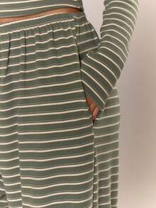 MUSERA 低腰条纹阔腿裤，舒适可爱休闲，适合咖啡俱乐部夏季穿着。 - 綠色 - 查看 5