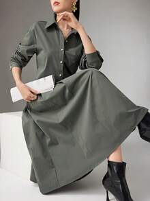 Heiryn 女士纯色衬衫和百褶裙两件套，时尚通勤 - 綠色 - 查看 2