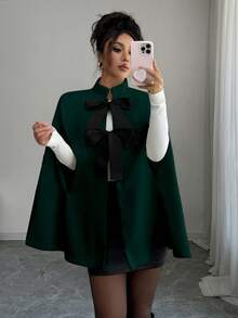 Rafferiza Áo khoác cape len pha trắng dáng rộng thanh lịch thời trang dành cho nữ - Màu xanh lá cây đậm - Xem 3