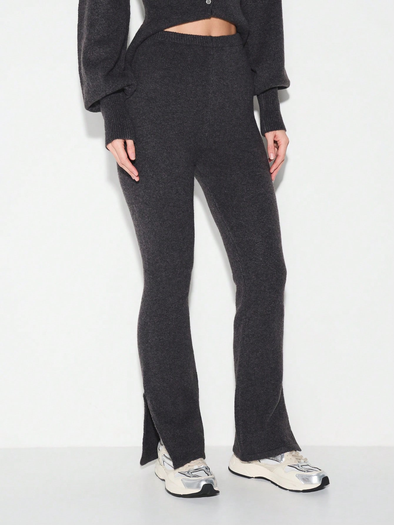 KIZN Ribbed Knit Flare Pants With Split Hem