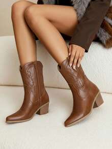 Daringsoles Women's Brown PU Leather Casual Outdoor Western Style Mid-Calf Boots, Side Zip, Embroidered, American Style Short Boots, Versatile, Pointed Toe, Block Heel For Christmas - Brown - View 5