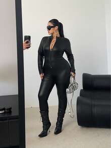 POPSWAY Plus Size Sexy Long Sleeve Tight Coated Leather Jumpsuit