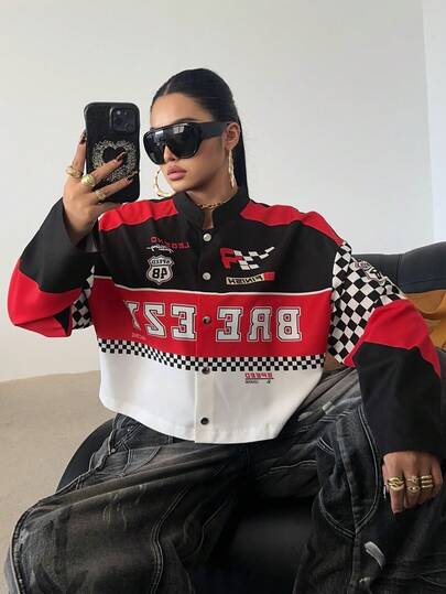 POPSWAY Chaqueta de carreras de talla grande, chaqueta casual roja para otoño/invierno