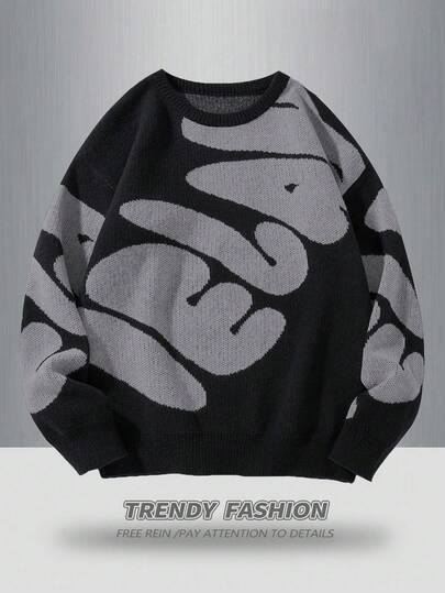 Manfinity EMRG كنزة صوفية كاجوال فضفاضة بطبعة حرفية للرجال كبار الحجم، خريف/شتاء