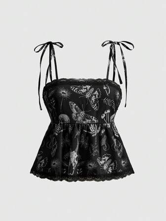 Dunkel Vintage Gothic Dunkler Wald Mysteriöser Schädel Kragen Knopf Karomuster Retro Kariert Dünner Träger Spitzenbesatz Damen Trägerhemd