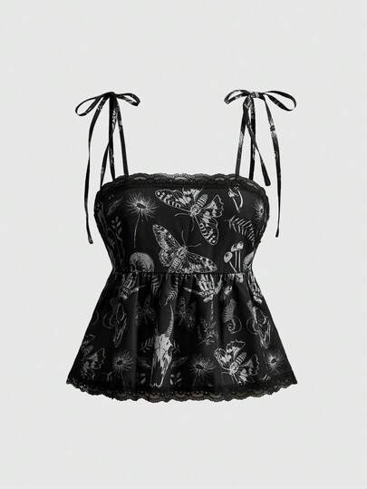 Débardeur gothique vintage sombre, forêt mystérieuse, col boutonné avec crâne, motif à carreaux rétro, fine bretelle avec dentelle pour femmes