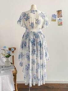 Soleia Áo cánh voan in hoa tay loe buộc nơ phía trước cho nữ cỡ lớn - Màu xanh lam - Xem 2