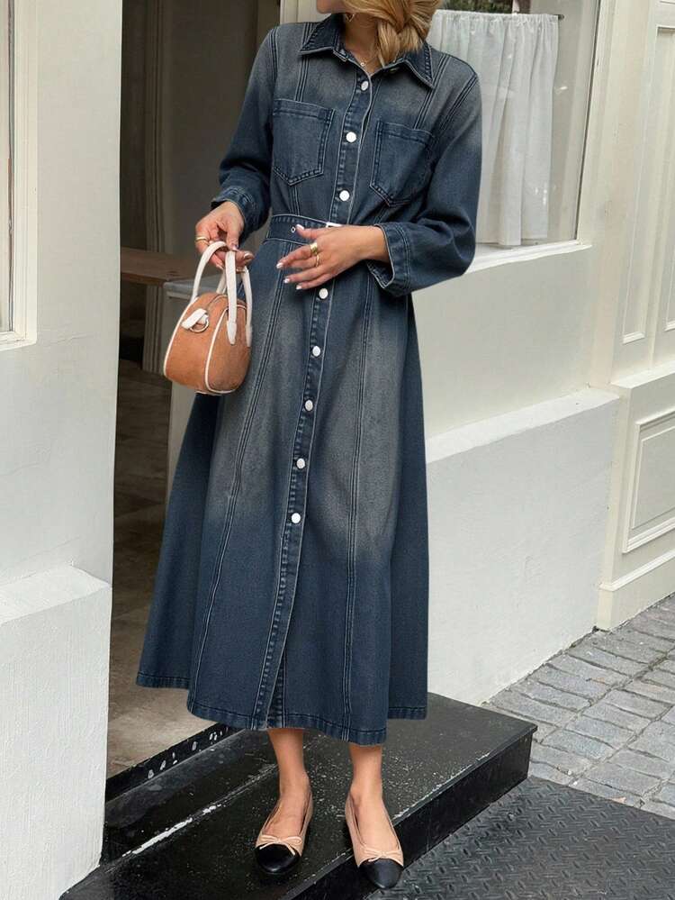 Women's Collared Cinched Waist Waist Decor Long Casual Denim Dress